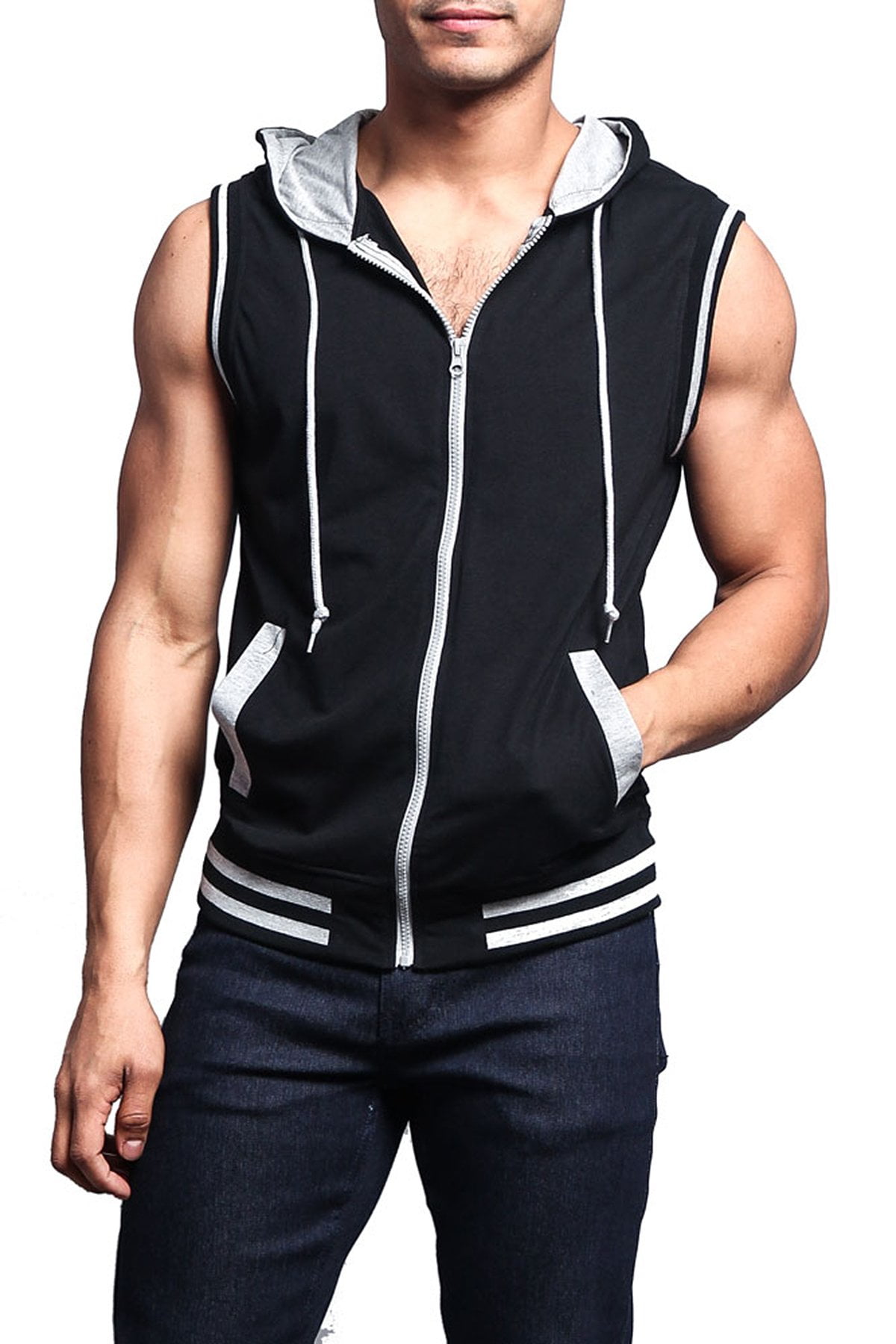 G Style Men s Lightweight Athletic Casual Sleeveless Contrast Zipper Hoodie TH890 Black Gray 2XL