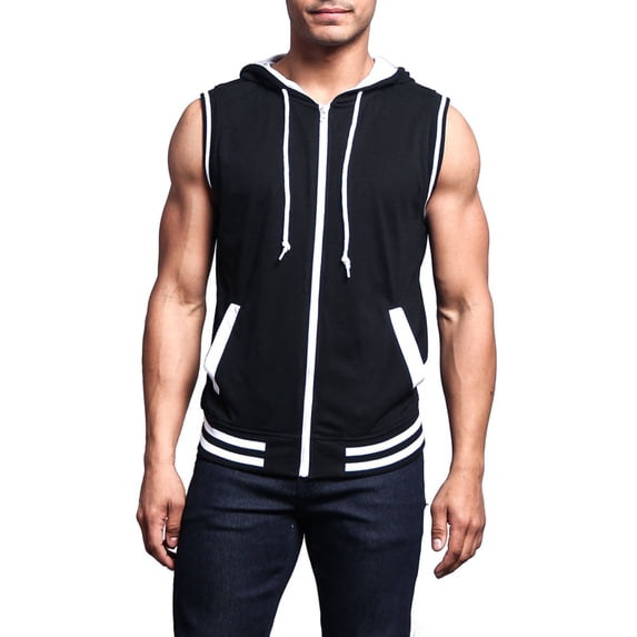 G-Style Men's Lightweight Athletic Casual Sleeveless Contrast Zipper Hoodie TH890 - Black/White - Large