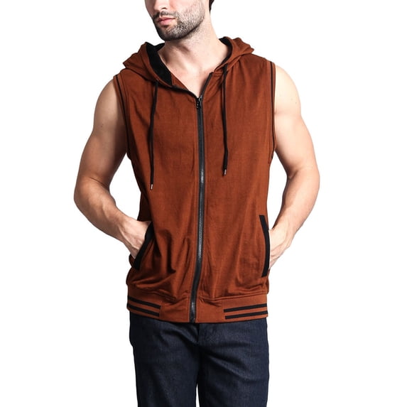 G-Style Men's Lightweight Athletic Casual Sleeveless Contrast Zipper Hoodie TH890 - Mocha/Black - 3XL