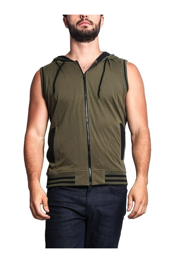 G-Style Men's Lightweight Athletic Casual Sleeveless Contrast Zipper Hoodie TH890 - Olive/Black - 3XL
