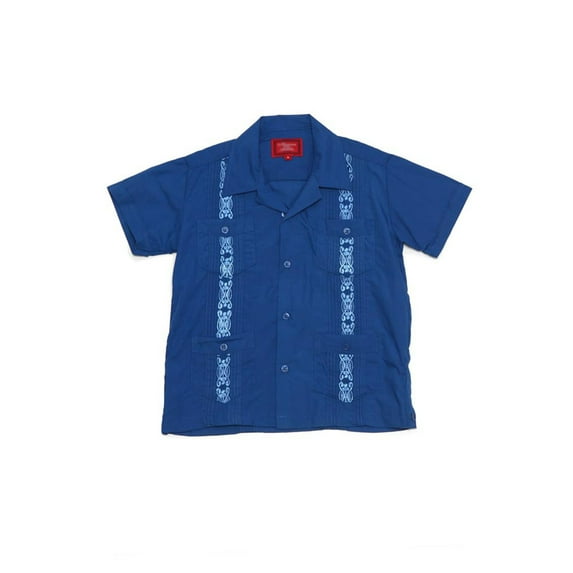 G-Style USA Boys Junior Kids Youth Guayabera Cuban Short Sleeve Collared Embroidered 4 Pocket Cotton Blend Shirt 2017-KS - Royal Blue - 3