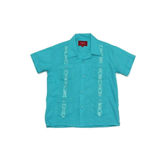 G-Style USA Boys Junior Kids Youth Guayabera Cuban Short Sleeve Collared Embroidered 4 Pocket Cotton Shirt 2017-KS - Atoll Blue - 18