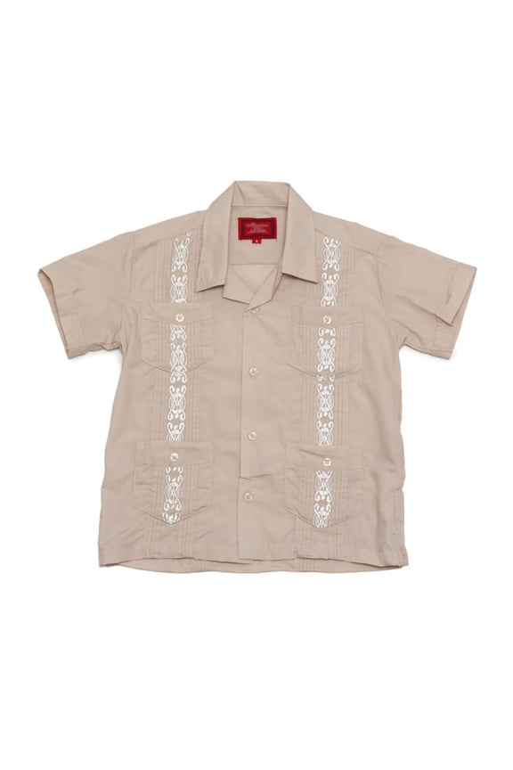 Boys Junior Kids Youth Guayabera Cuban Short Sleeve Collared Embroidered 4 Pocket Cotton Shirt 2017-KS - Beige - 4
