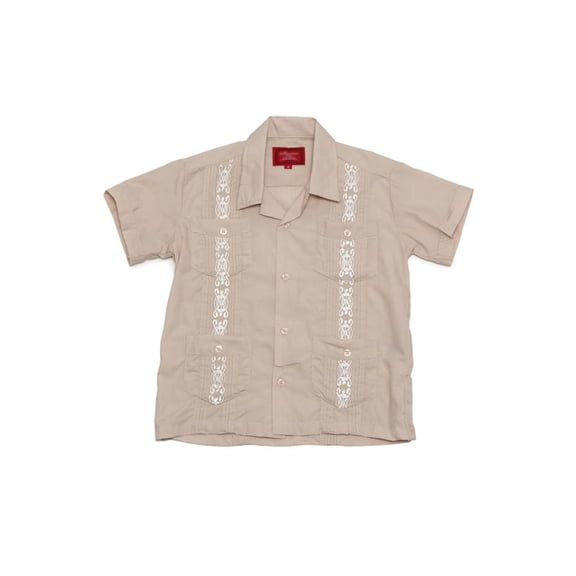 G-Style USA Boys Junior Kids Youth Guayabera Cuban Short Sleeve Collared Embroidered 4 Pocket Cotton Shirt 2017-KS - Beige - 6