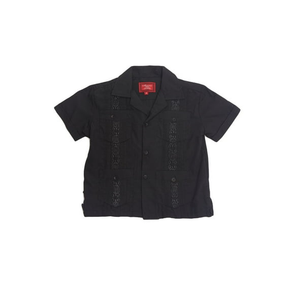 G-Style USA Boys Junior Kids Youth Guayabera Cuban Short Sleeve Collared Embroidered 4 Pocket Cotton Shirt 2017-KS - Black - 14