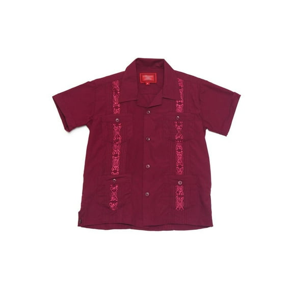 G-Style USA Boys Junior Kids Youth Guayabera Cuban Short Sleeve Collared Embroidered 4 Pocket Cotton Shirt 2017-KS - Burgundy - 14