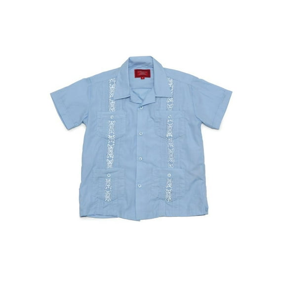 G-Style USA Boys Junior Kids Youth Guayabera Cuban Short Sleeve Collared Embroidered 4 Pocket Cotton Shirt 2017-KS - Light Blue - 10
