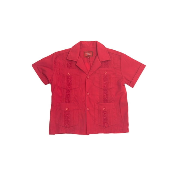 G-Style USA Boys Junior Kids Youth Guayabera Cuban Short Sleeve Collared Embroidered 4 Pocket Cotton Shirt 2017-KS - Red - 12