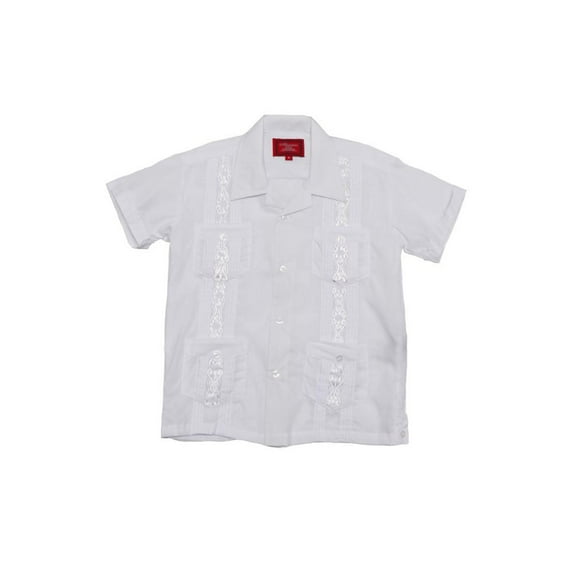 G-Style USA Boys Junior Kids Youth Guayabera Cuban Short Sleeve Collared Embroidered 4 Pocket Cotton Shirt 2017-KS - White - 2
