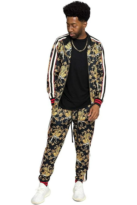 Men's Crouching Tiger Tracksuit Set - Zipper Jacket and Sweatpants ST854 - Black - 4X-Large