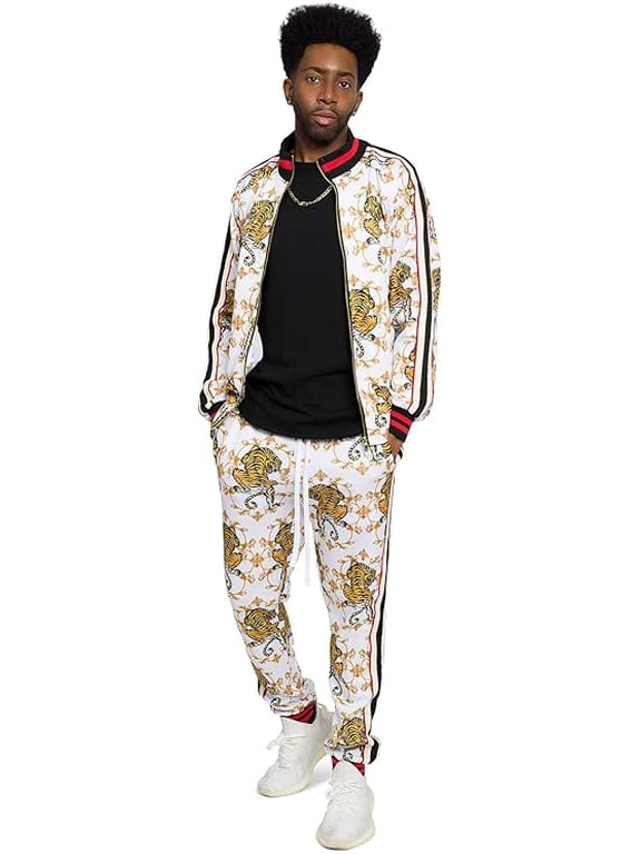 Men's Crouching Tiger Tracksuit Set - Zipper Jacket and Sweatpants ST854 - White - 2X-Large