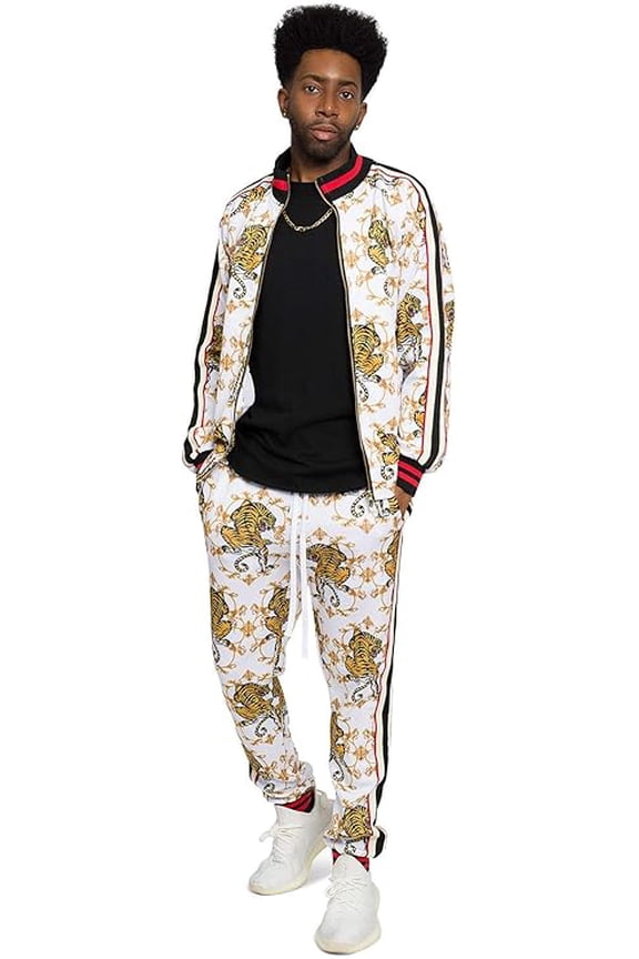 Men's Crouching Tiger Tracksuit Set - Zipper Jacket and Sweatpants ST854 - White - 3X-Large