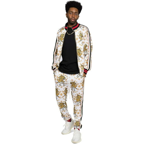 G-Style USA Men's Crouching Tiger Tracksuit Set - Zipper Jacket and Sweatpants ST854 - White - X-Large