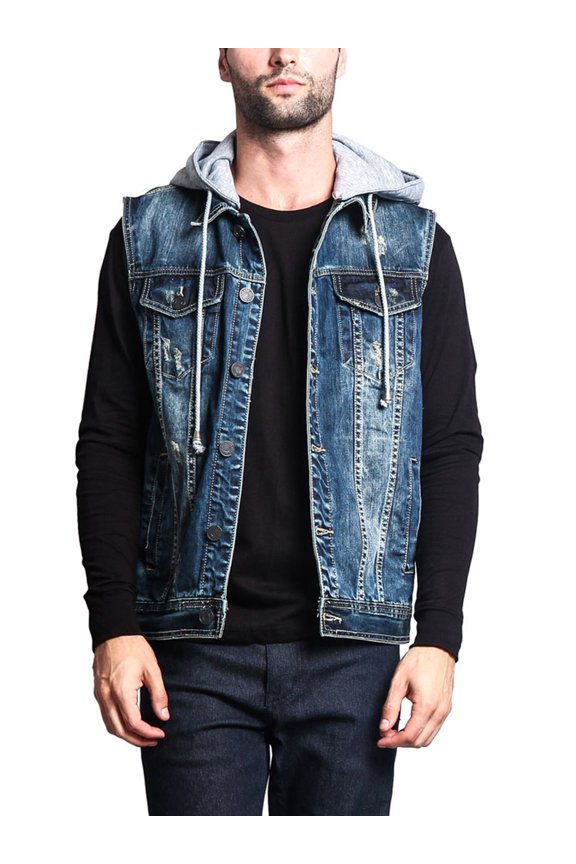 Men's Detachable Hood Denim Jean Vest DK108 - DARK INDIGO - Large