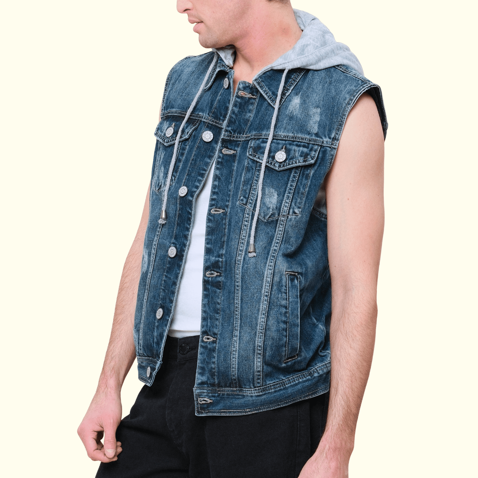 Victorious Men's Layered Hoodie Denim Vest, Distressed, Zipper