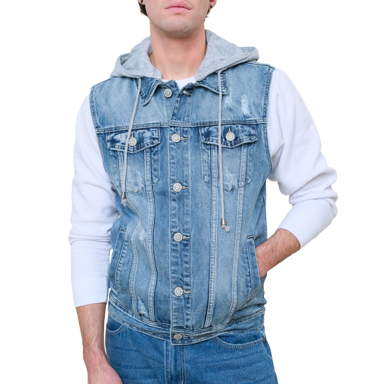 Victorious Men's Layered Hoodie Denim Vest, Distressed, Zipper