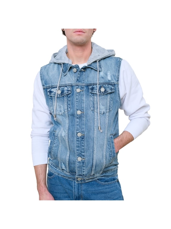 Men's Detachable Hood Denim Jean Vest DK108 - INDIGO - Small