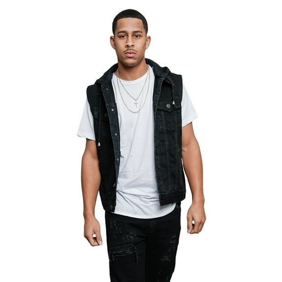 G-Style USA Men's Detachable Hood Denim Jean Vest DK108 - JET BLACK - 2X-Large
