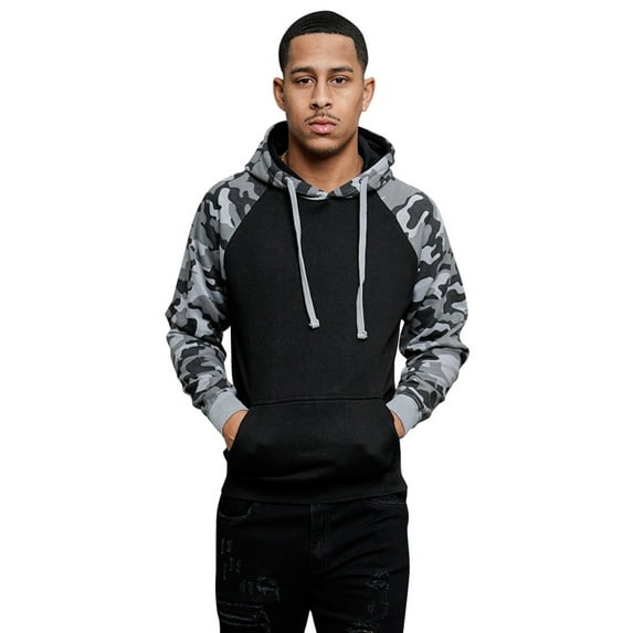 G-Style USA Men's Heavyweight Contrast Raglan Sleeve Fleece Pullover Hoodie Sweatshirt MH13112 - Black/Gray Camo - Large