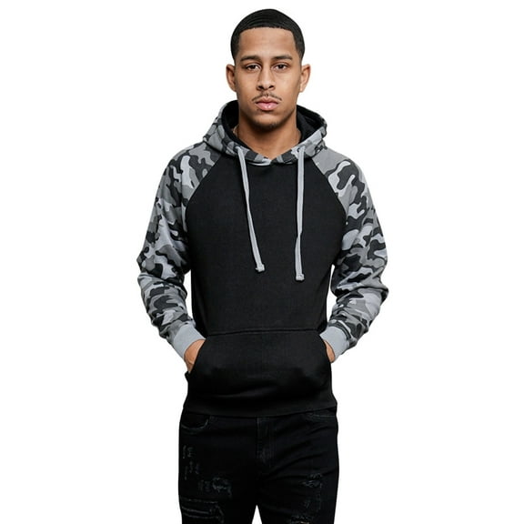 G-Style USA Men's Heavyweight Contrast Raglan Sleeve Fleece Pullover Hoodie Sweatshirt MH13112 - Black/Gray Camo - Medium
