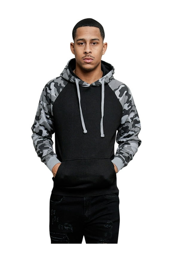 Men's Heavyweight Contrast Raglan Sleeve Fleece Pullover Hoodie Sweatshirt MH13112 - Black/Gray Camo - Medium
