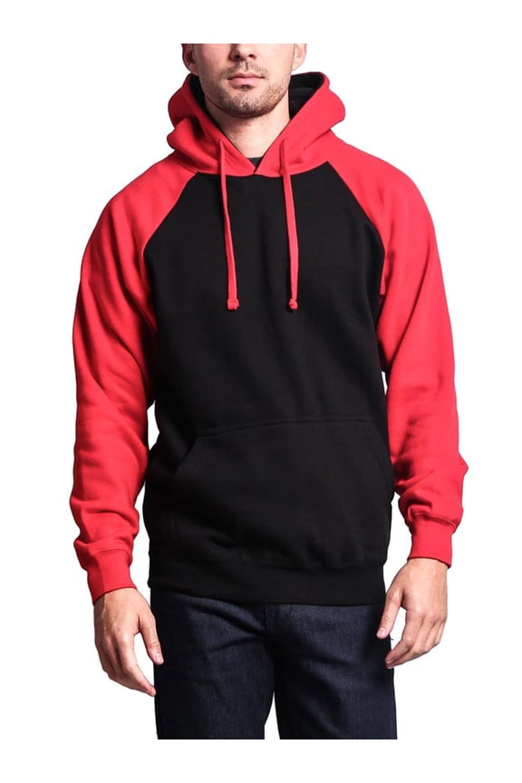 Men's Heavyweight Contrast Raglan Sleeve Fleece Pullover Hoodie Sweatshirt MH13112 - Black/Red - Large