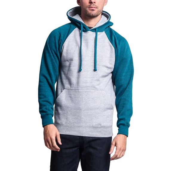 G-Style USA Men's Heavyweight Contrast Raglan Sleeve Fleece Pullover Hoodie Sweatshirt MH13112 - Heather Gray/Cyan Caviar - Large