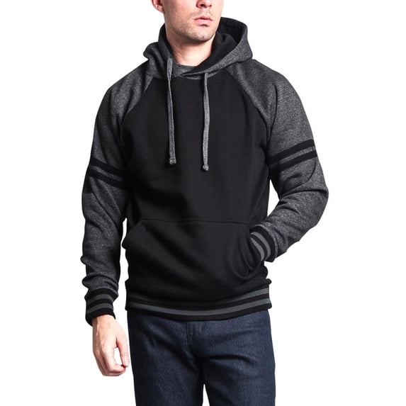 G-Style USA Men's Heavyweight Contrast Raglan Striped Sleeve Fleece Pullover Hoodie Sweatshirt MH13115 - Black/Charcoal - 2X-Large