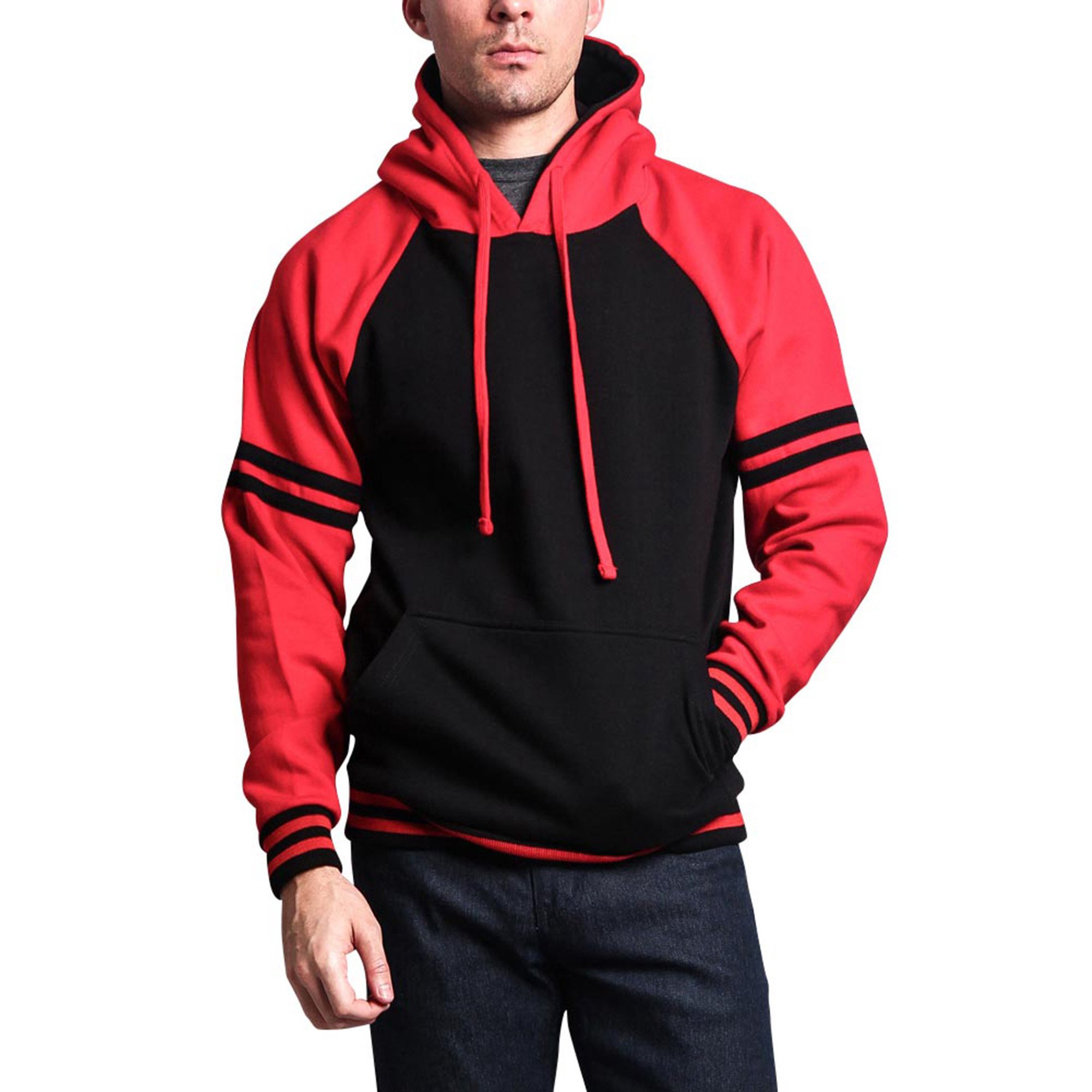 G-Style USA Men's Heavyweight Contrast Raglan Striped Sleeve Fleece Pullover  Hoodie Sweatshirt MH13115 - Black/Red - X-Large - Walmart.com