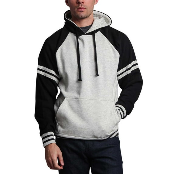 G-Style USA Men's Heavyweight Contrast Raglan Striped Sleeve Fleece Pullover Hoodie Sweatshirt MH13115 - Oatmeal/Black - Large