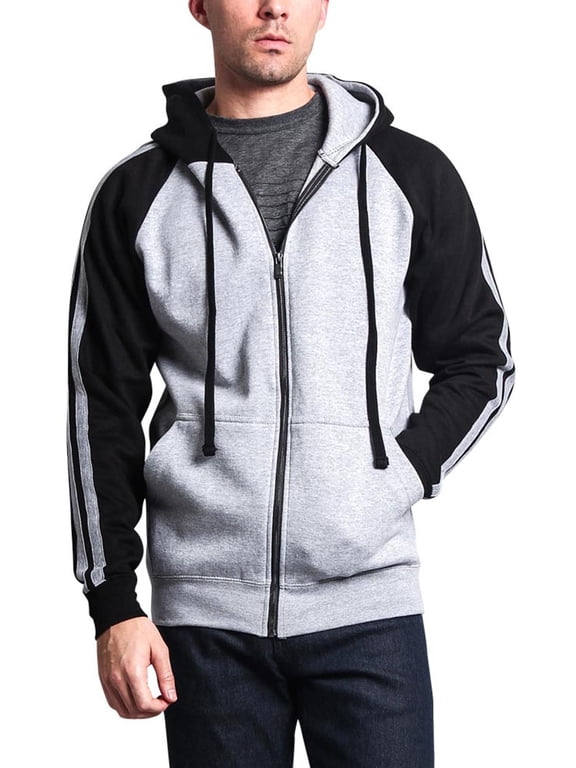 Men's Heavyweight Contrasting Dual Stripe Zip-Up Hoodie Sweatshirt MH13116 - Heather Gray/Black - Small