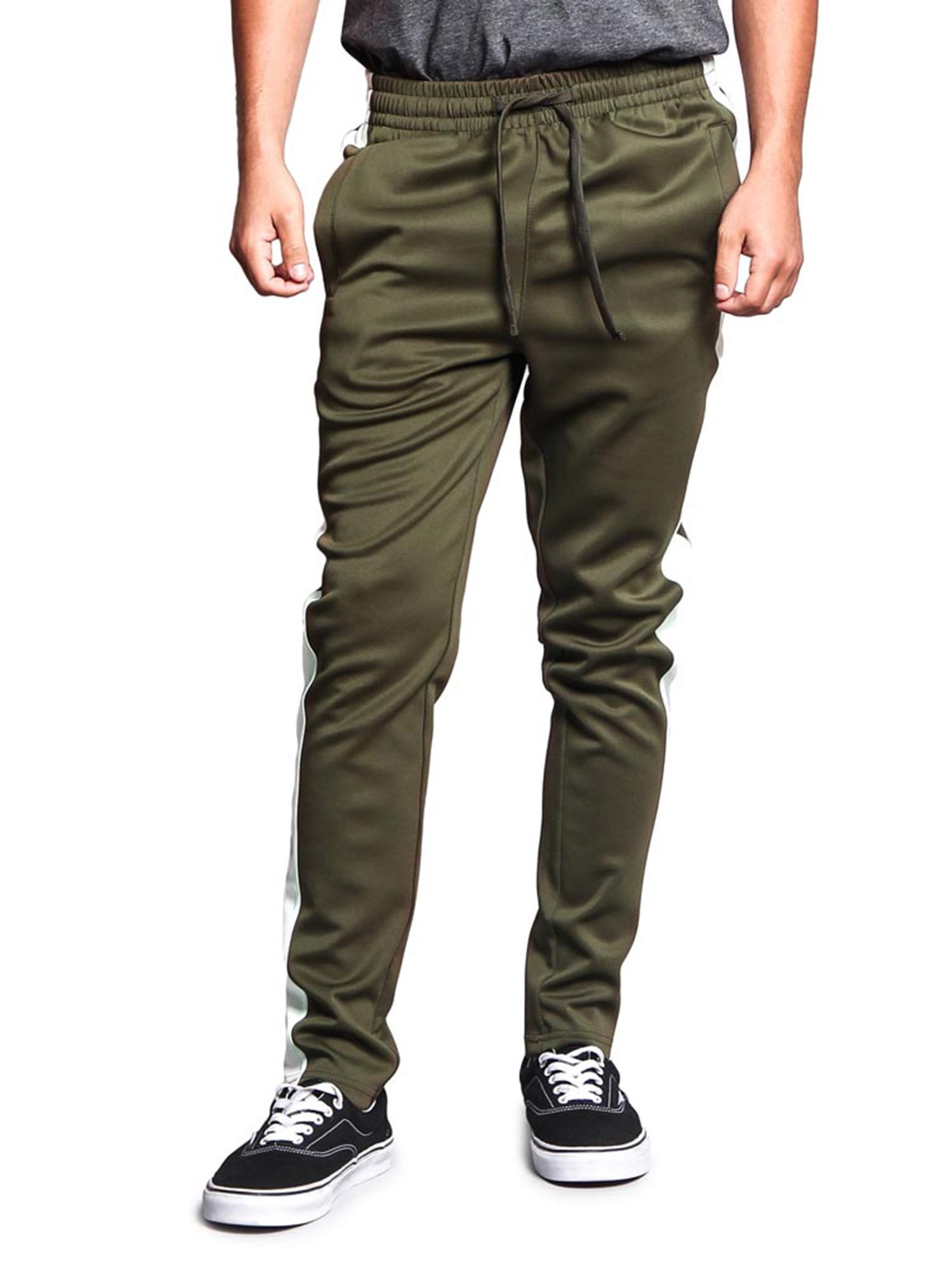G Style USA Men s Hip Hop Slim Fit Track Pants Athletic Jogger Side Striped Olive Off White 3X Large