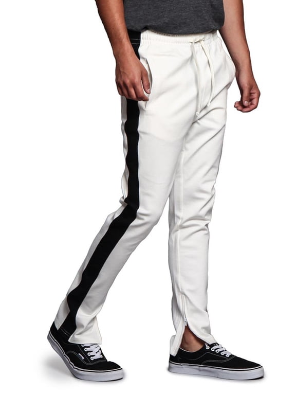 Men's Hip Hop Slim Fit Track Pants - Athletic Jogger with Side Stripe - Off-White/Black - Large