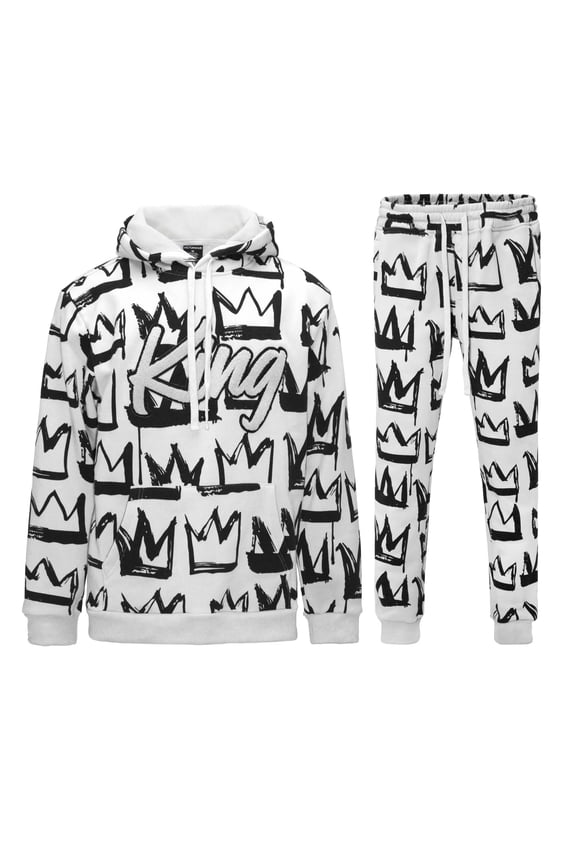 Men's King Crown Fleece Tracksuit Set - Pullover Hoodie and Sweatpants ST873 - White - Medium
