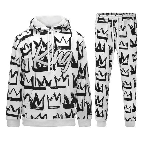 G-Style USA Men's King Crown Fleece Tracksuit Set - Pullover Hoodie and Sweatpants ST873 - White - X-Large