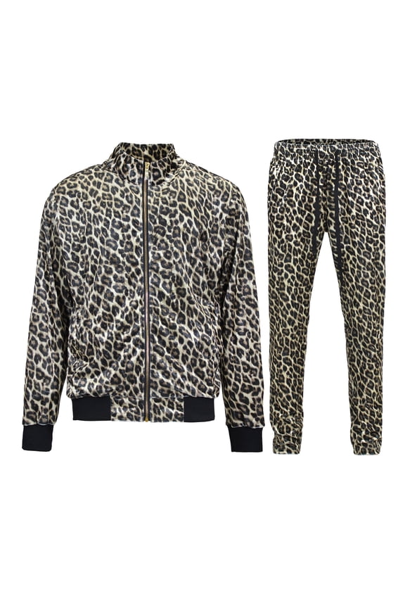 Men's Leopard Brown Velvet Velour Tracksuit Set ST862 - Leopard Brown - Small