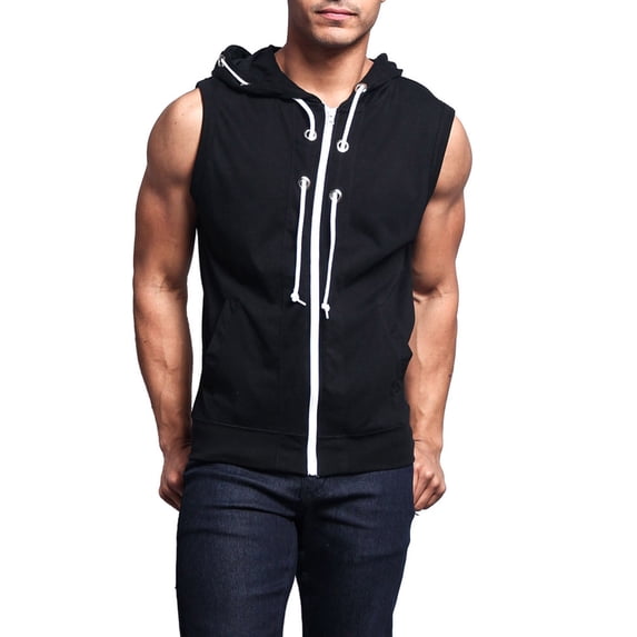 G-Style USA Men's Lightweight Athletic Casual Sleeveless Eyelet Drawstring Zipper Hoodie SL888 - Black- Small