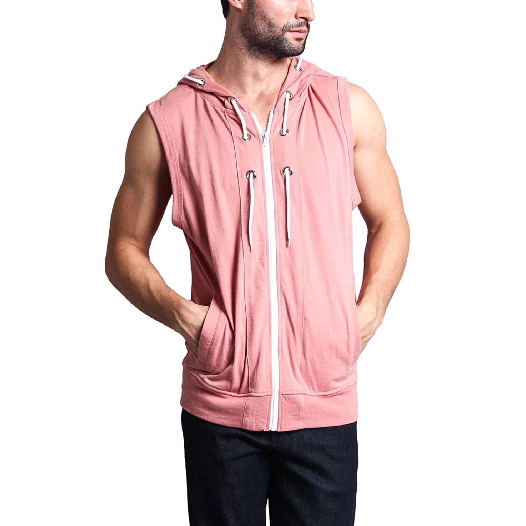 G-Style USA Men's Lightweight Athletic Casual Sleeveless Eyelet Drawstring  Zipper Hoodie SL888 - Dirty Pink- 3X-Large - Walmart.com