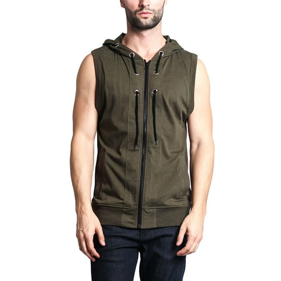 G-Style USA Men's Lightweight Athletic Casual Sleeveless Eyelet Drawstring Zipper Hoodie SL888 - Olive- 3X-Large