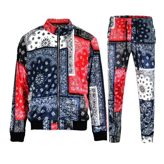G-Style USA Men's Mixed Bandana Velvet Velour Tracksuit Set ST863 - Hooded Zipper Jacket and Sweatpants - Bandana Navy - Medium