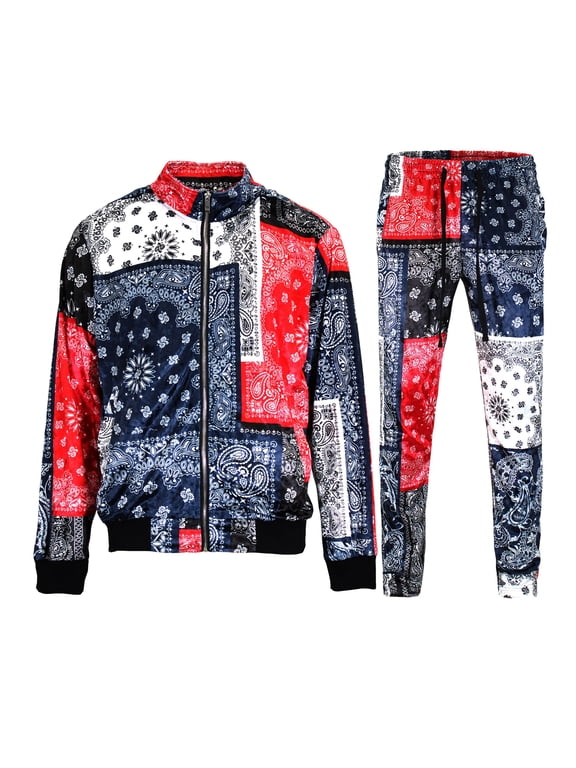 Men's Mixed Bandana Velvet Velour Tracksuit Set ST863 - Hooded Zipper Jacket and Sweatpants - Bandana Navy - Medium