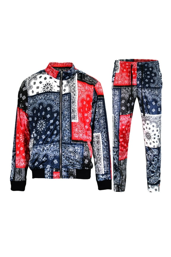 Men's Mixed Bandana Velvet Velour Tracksuit Set ST863 - Hooded Zipper Jacket and Sweatpants - Bandana Navy - X-Large
