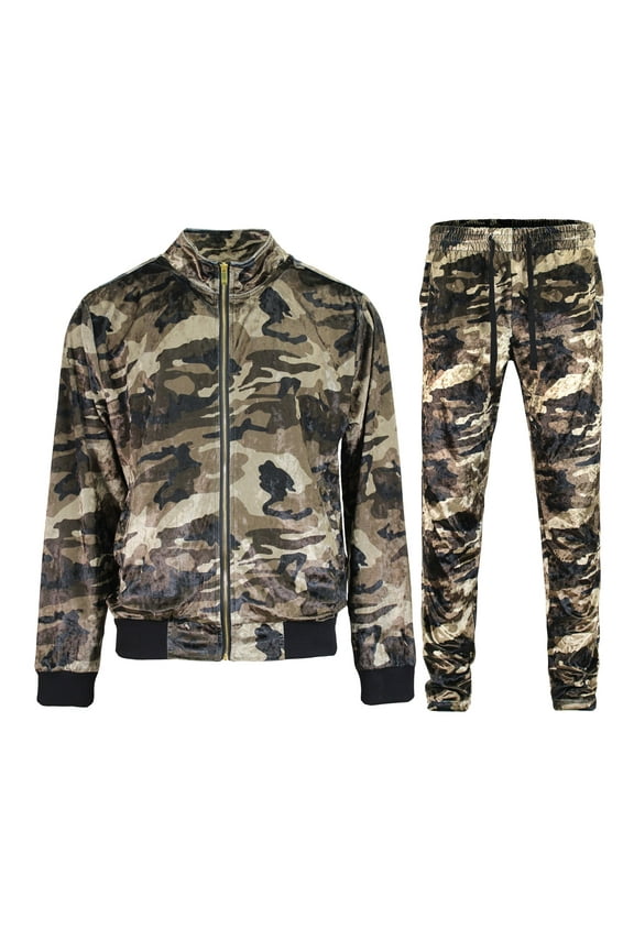 Men's Olive Camo Velvet Velour Tracksuit Set ST861 - Olive Camo - Small