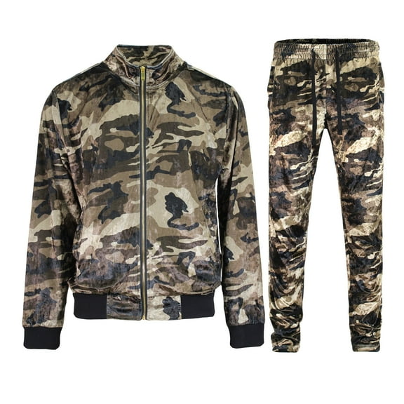 G-Style USA Men's Olive Camo Velvet Velour Tracksuit Set ST861 - Olive Camo - X-Large