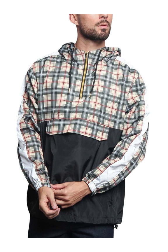Men's Plaid Checkered Anorak Windbreaker Jacket JK5008 - Khaki - Small