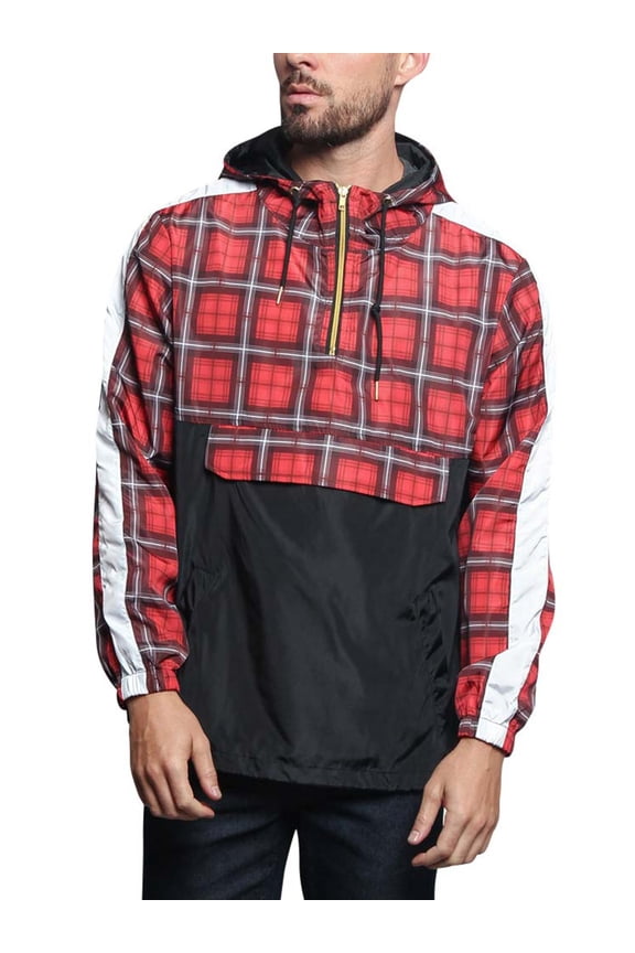 Men's Plaid Checkered Anorak Windbreaker Jacket JK5008 - Red - 2X-Large