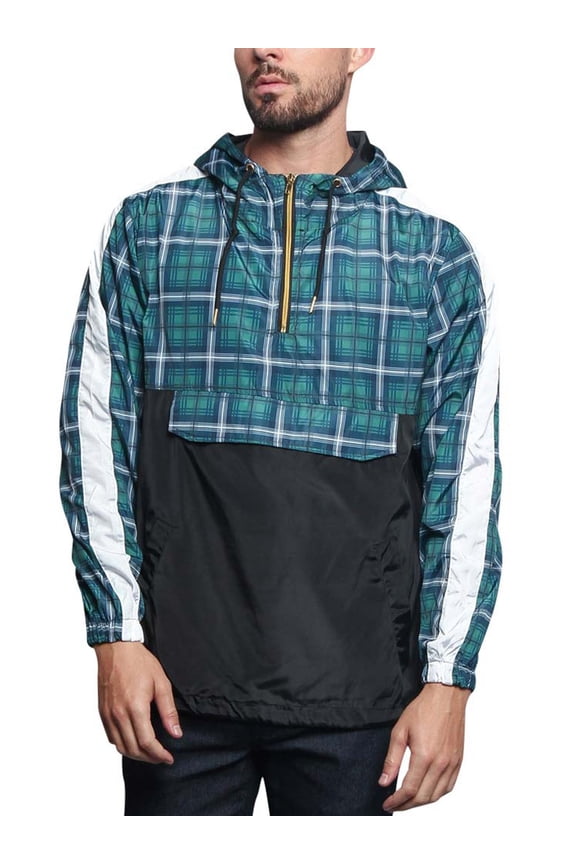 Men's Plaid Checkered Anorak Windbreaker Jacket JK5008 - Teal - Medium