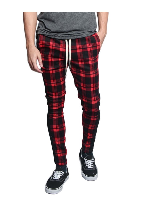 Men's Plaid Checkered Drawstring Track Pants TR537 - Red - Large