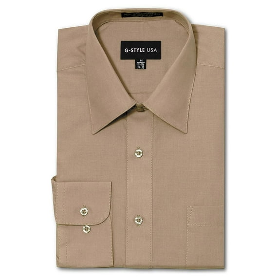 G-Style USA Men's Regular Fit Long Sleeve Solid Color Dress Shirts - Beige - Medium - 15-15.5 - 32-33
