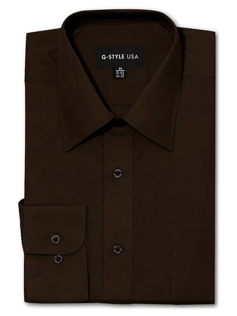 mens 16.5 dress shirt G-style USA Men's Regular Fit Long Sleeve Solid Color Dress Shirts - Brown - Large - 16-16.5